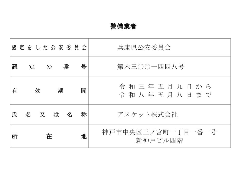 アスケット株式会社　警備業認定書