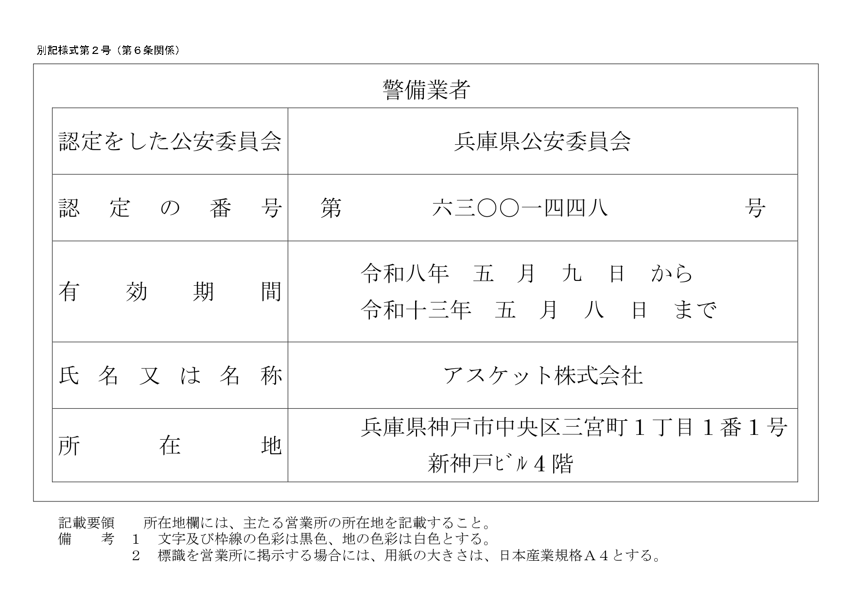 アスケット株式会社　警備業認定書